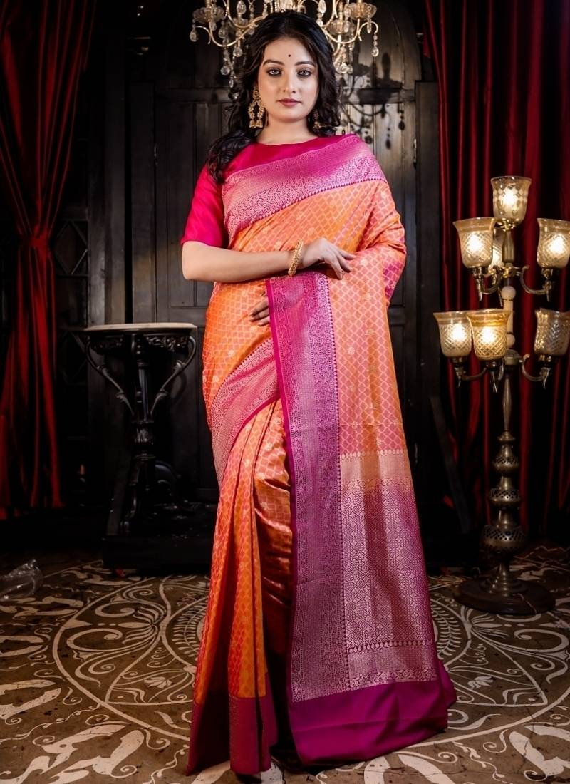 orange woven matka silk blend zari woven all seasons sarees