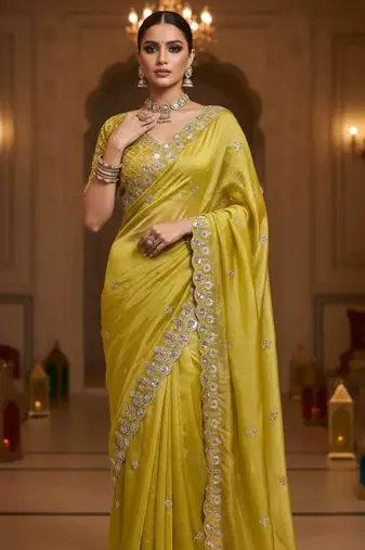 Yellow Color Embroidery Work Of Beads & Sequins Work Fendy Satin Silk Blend Saree