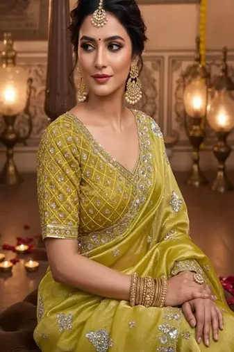 Yellow Color Embroidery Work Of Beads & Sequins Work Fendy Satin Silk Blend Saree