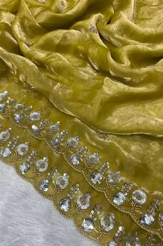 Yellow Color Embroidery Work Of Beads & Sequins Work Fendy Satin Silk Blend Saree