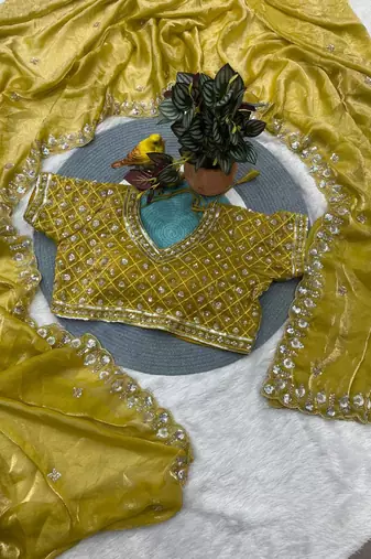 Yellow Color Embroidery Work Of Beads & Sequins Work Fendy Satin Silk Blend Saree