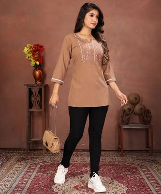 Brown rinkal cotton embroidered formal looking short kurta 5