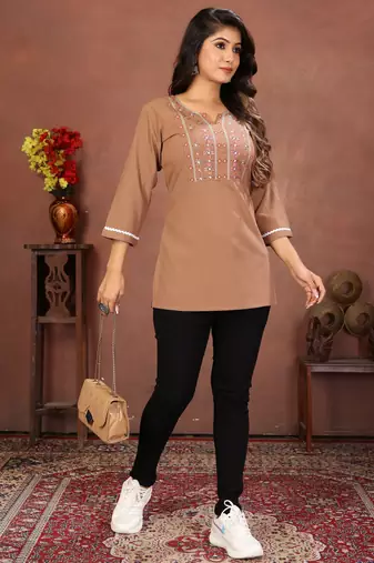 Brown rinkal cotton embroidered formal looking short kurta