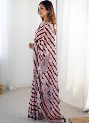 peach chinon silk blend print work with mirror work border designer saree 3