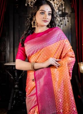 orange woven matka silk blend zari woven all seasons sarees 2