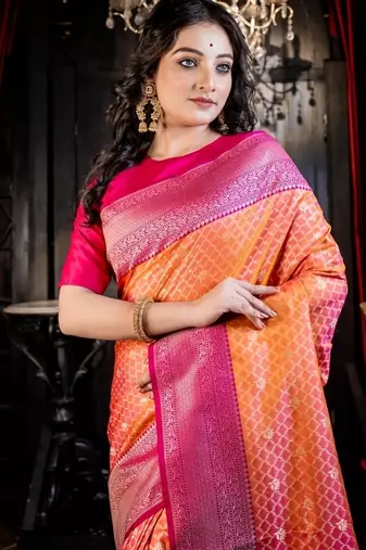orange woven matka silk blend zari woven all seasons sarees