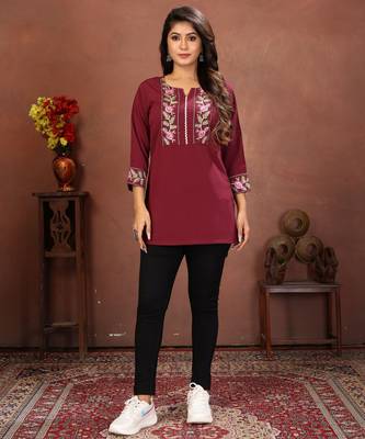 Wine rinkal cotton embroidered formal looking short kurta 1