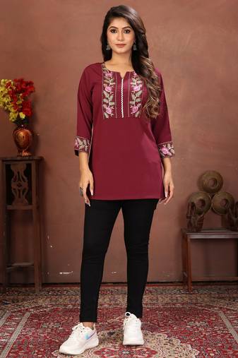 Wine rinkal cotton embroidered formal looking casual short kurta
