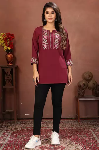 Wine rinkal cotton embroidered formal looking casual short kurta
