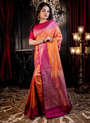 orange woven matka silk blend zari woven all seasons sarees 3