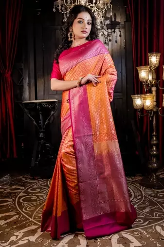 orange woven matka silk blend zari woven all seasons sarees