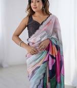 multi color chinon silk blend print work with mirror work border designer saree