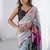 multi color chinon silk blend print work with mirror work border designer saree