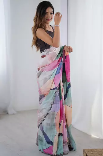 multi color chinon silk blend print work with mirror work border designer saree