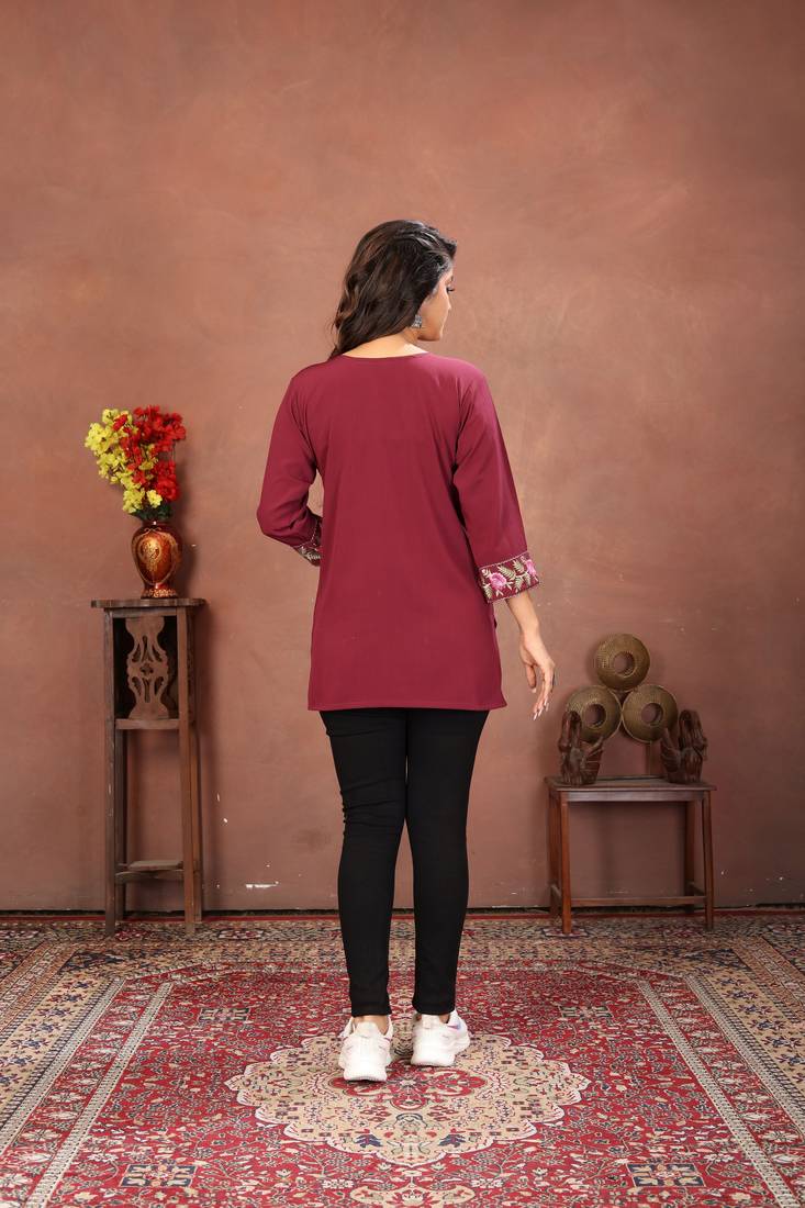 Wine rinkal cotton embroidered formal looking casual short kurta