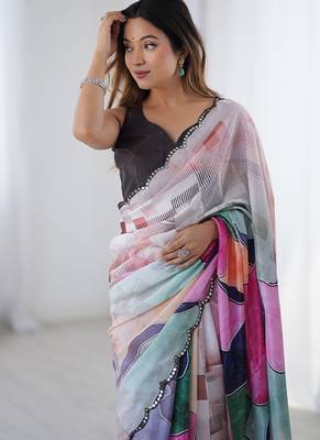 multi color chinon silk blend print work with mirror work border designer saree 3