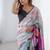 multi color chinon silk blend print work with mirror work border designer saree