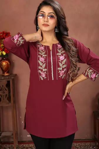 Wine rinkal cotton embroidered formal looking short kurta