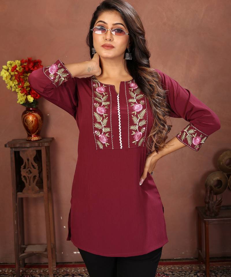 Wine rinkal cotton embroidered formal looking casual short kurta