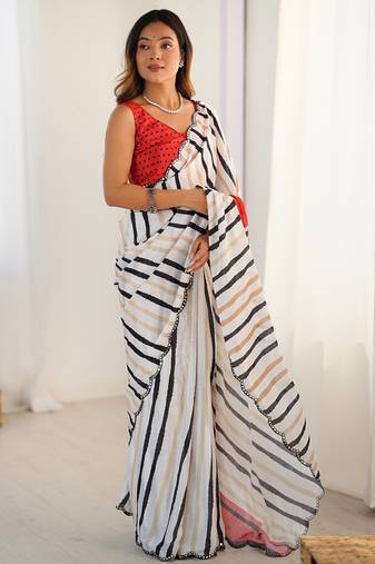 off white chinon silk blend print work with mirror work border designer saree