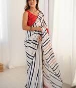 off white chinon silk blend print work with mirror work border designer saree