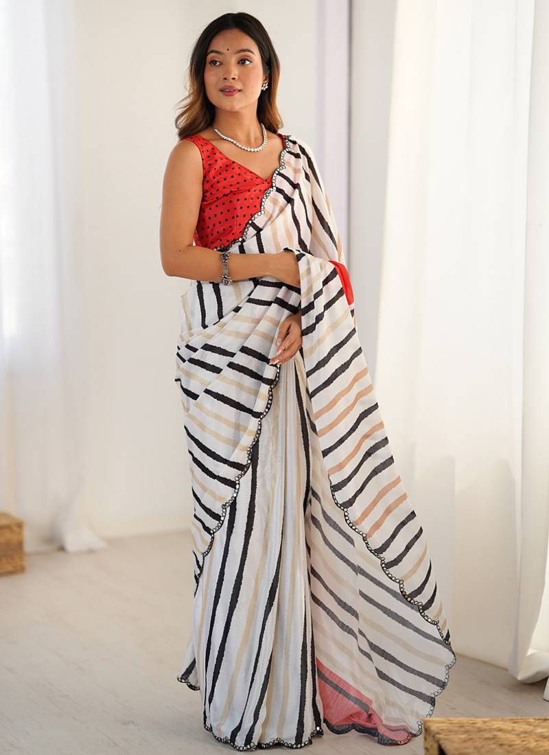 off white chinon silk blend print work with mirror work border designer saree