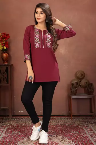 Wine rinkal cotton embroidered formal looking short kurta