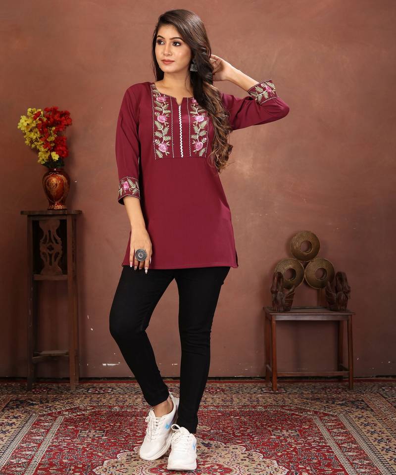 Wine rinkal cotton embroidered formal looking casual short kurta