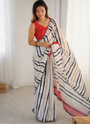 off white chinon silk blend print work with mirror work border designer saree 2