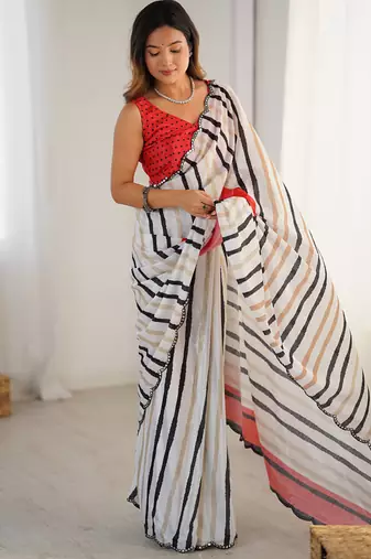 off white chinon silk blend print work with mirror work border designer saree