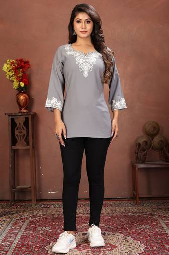 Grey rinkal cotton embroidered formal looking casual short kurta