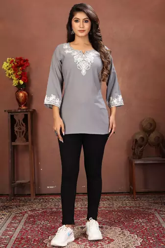 Grey rinkal cotton embroidered formal looking casual short kurta