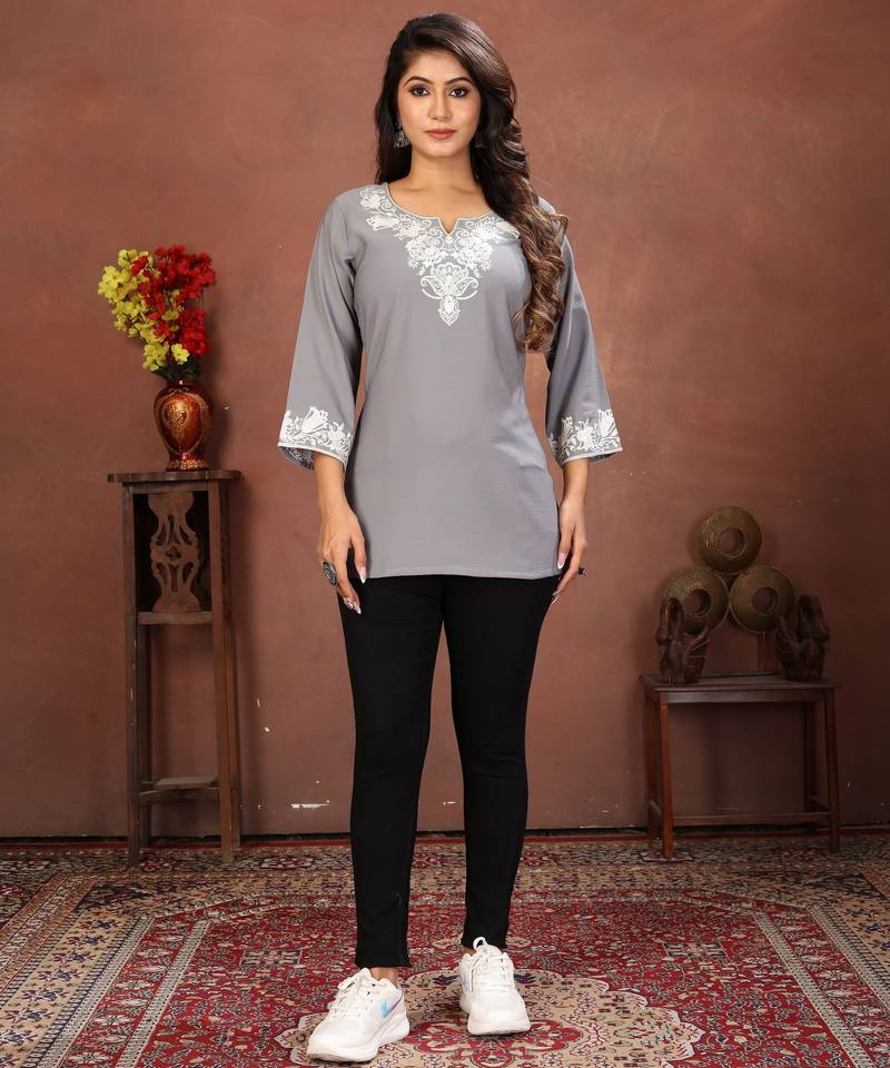 Grey rinkal cotton embroidered formal looking casual short kurta