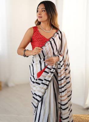 off white chinon silk blend print work with mirror work border designer saree 3