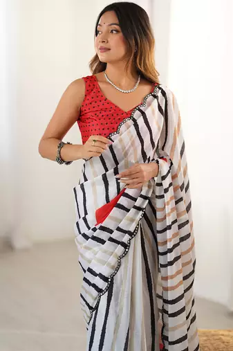off white chinon silk blend print work with mirror work border designer saree