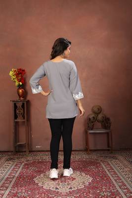 Grey rinkal cotton embroidered formal looking short kurta 3