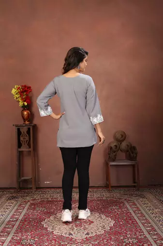 Grey rinkal cotton embroidered formal looking short kurta