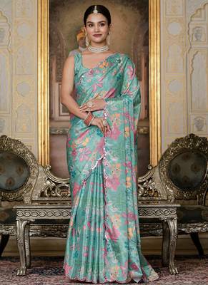 sky blue chinon silk blend floral printed with mirror cut border ready to wear saree 1