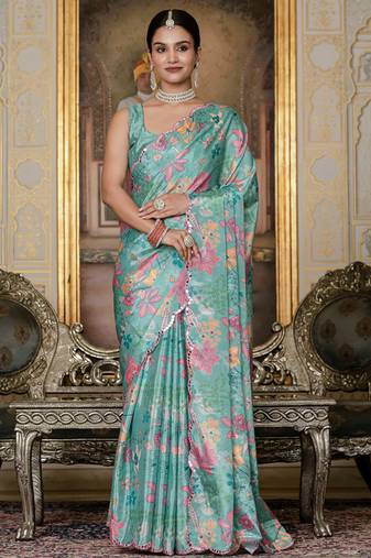 sky blue chinon silk blend floral printed with mirror cut border ready to wear saree