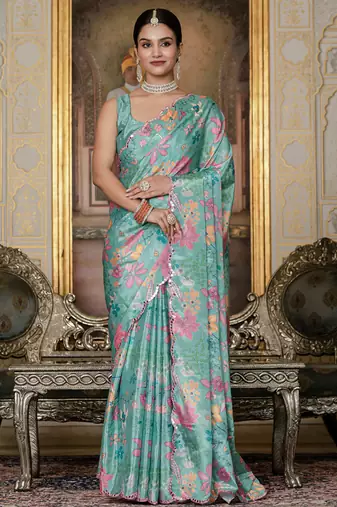 sky blue chinon silk blend floral printed with mirror cut border ready to wear saree