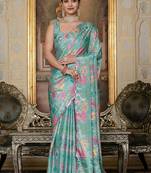 sky blue chinon silk blend floral printed with mirror cut border ready to wear saree