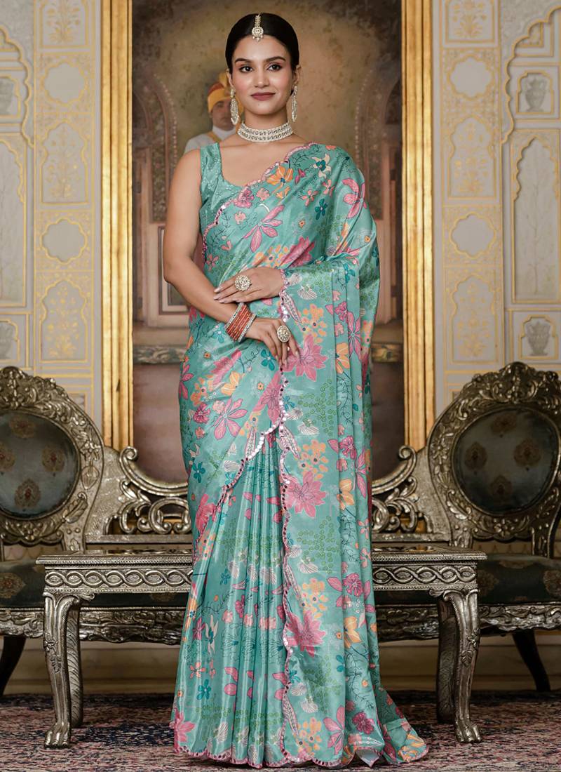 sky blue chinon silk blend floral printed with mirror cut border ready to wear saree