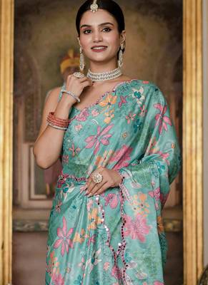 sky blue chinon silk blend floral printed with mirror cut border ready to wear saree 2