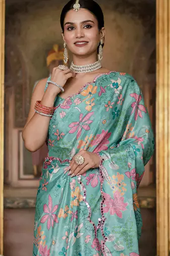sky blue chinon silk blend floral printed with mirror cut border ready to wear saree