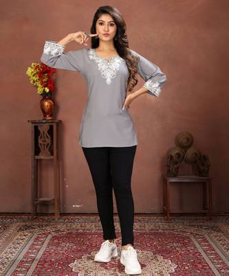 Grey rinkal cotton embroidered formal looking short kurta 5