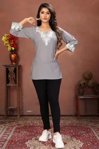 Grey rinkal cotton embroidered formal looking short kurta