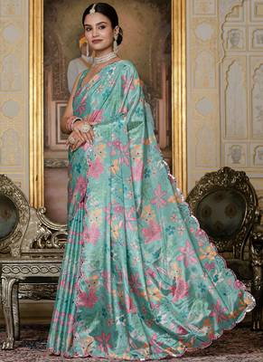 sky blue chinon silk blend floral printed with mirror cut border ready to wear saree 3