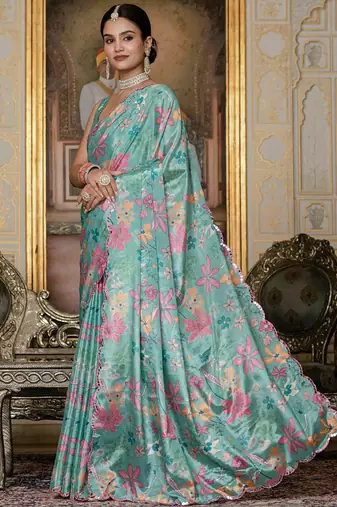 sky blue chinon silk blend floral printed with mirror cut border ready to wear saree