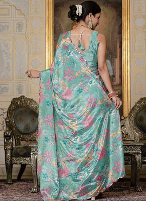 sky blue chinon silk blend floral printed with mirror cut border ready to wear saree 4