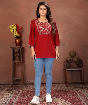 Maroon rinkal cotton embroidered formal looking short kurta 1